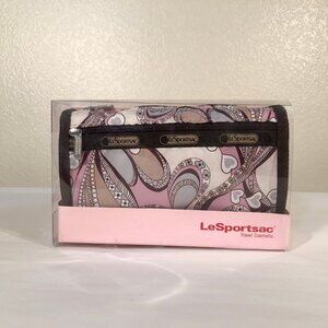LeSportsac Travel Cosmetic Bag Purple Gray Tan Flowers Hearts VTG 2004 Flushed